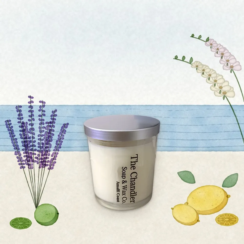 Amalfi Coast soy wax candle with watercolour illustrations of its scent notes