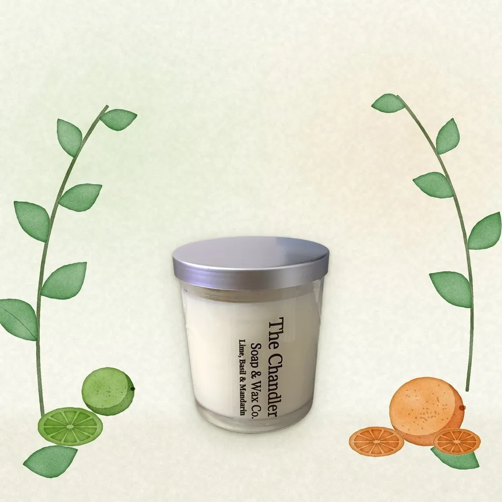 Lime, Basil & Mandarin soy wax candle with watercolour illustrations of its scent notes
