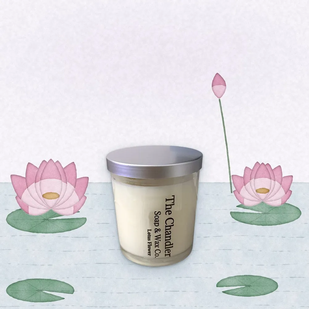 Lotus Flower soy wax candle with watercolour illustrations of its scent notes