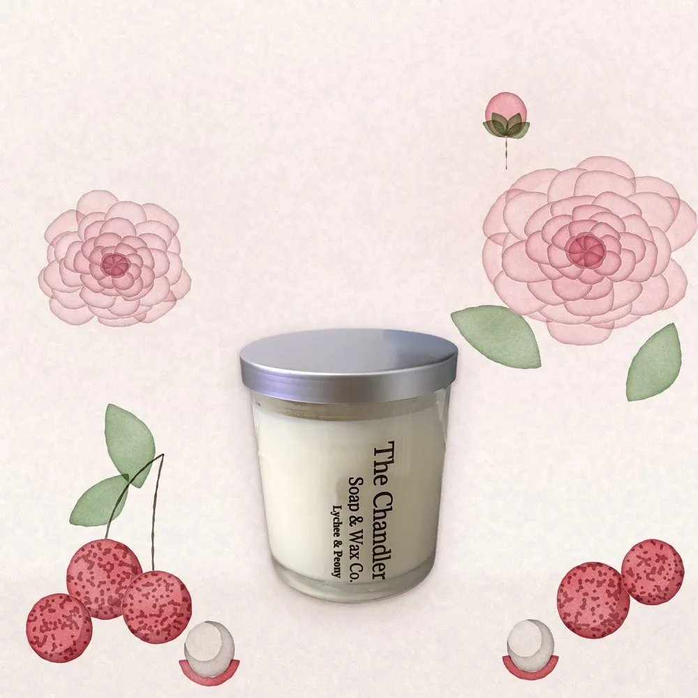 Lychee & Peony soy wax candle with watercolour illustrations of its scent notes