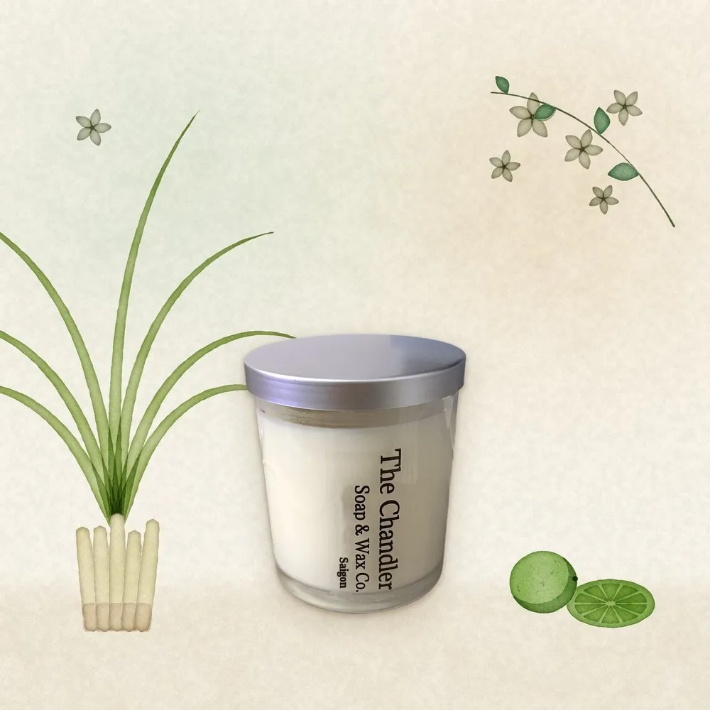 Saigon soy wax candle with watercolour illustrations of its scent notes