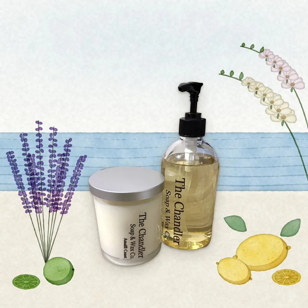 Amalfi Coast candle and hand soap duo with watercolour illustrations of its scent notes