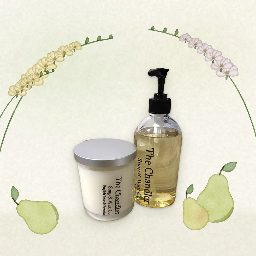 English Pear & Freesia candle and hand soap duo with watercolour illustrations of its scent notes