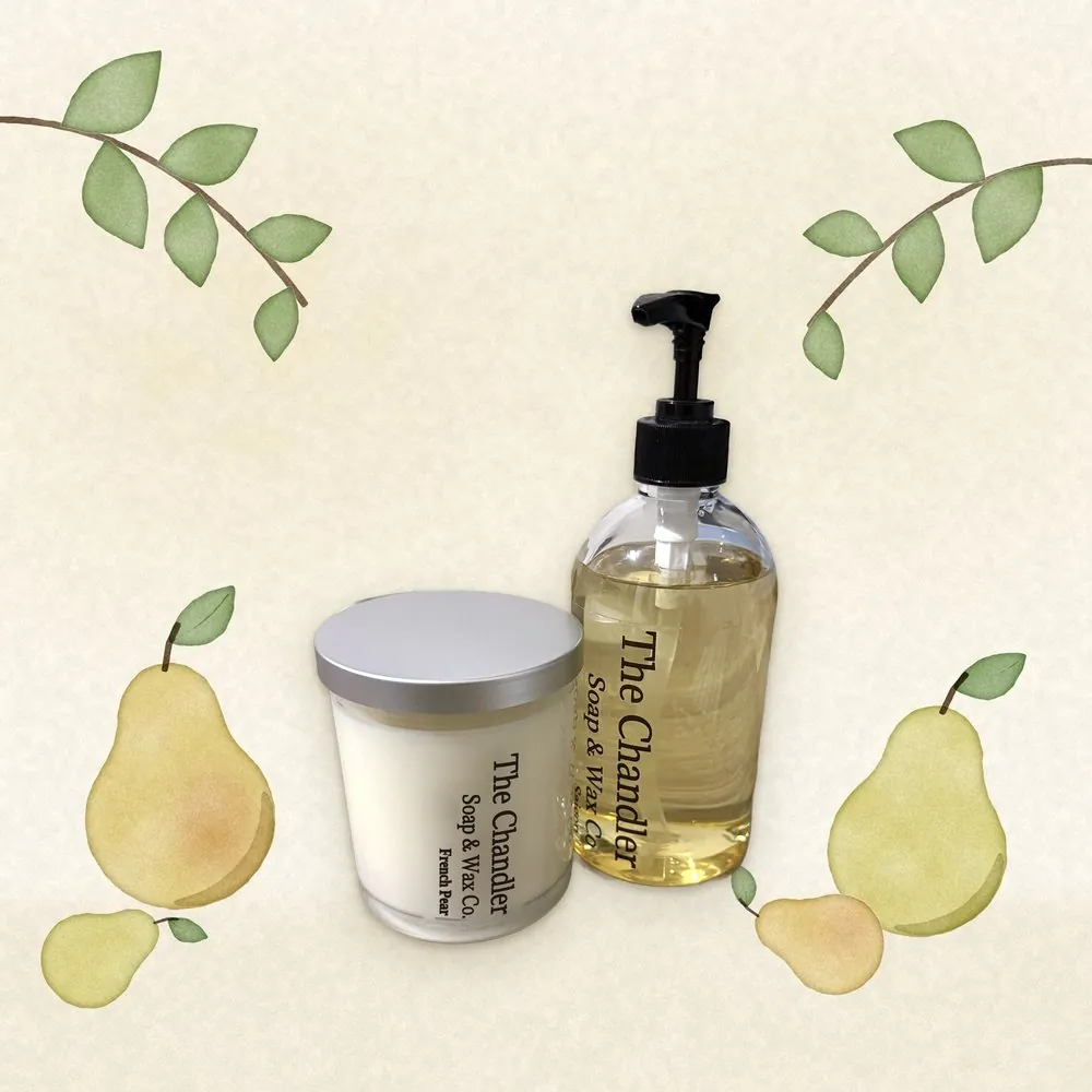 French Pear candle and hand soap duo with watercolour illustrations of its scent notes