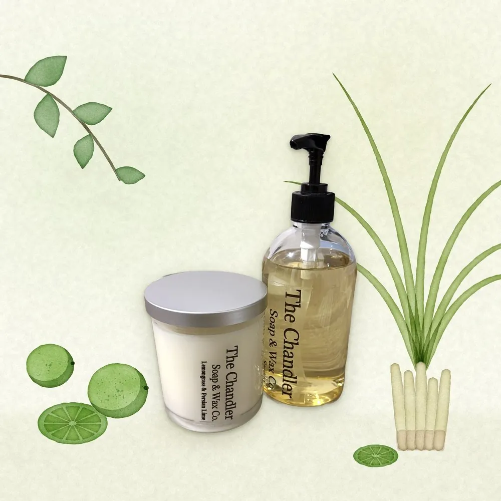 Lemongrass & Persian Lime candle and hand soap duo with watercolour illustrations of its scent notes