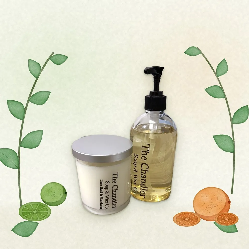 Lime, Basil & Mandarin candle and hand soap duo with watercolour illustrations of its scent notes