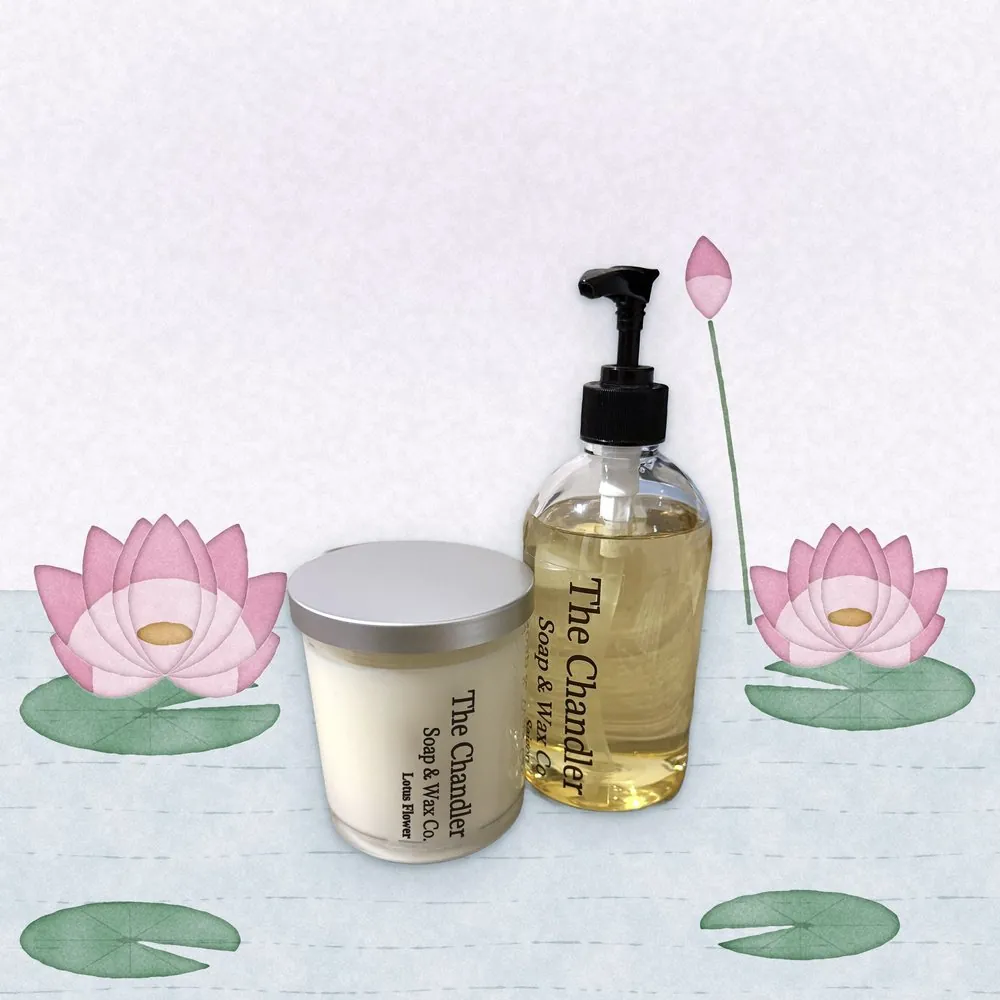 Lotus Flower candle and hand soap duo with watercolour illustrations of its scent notes