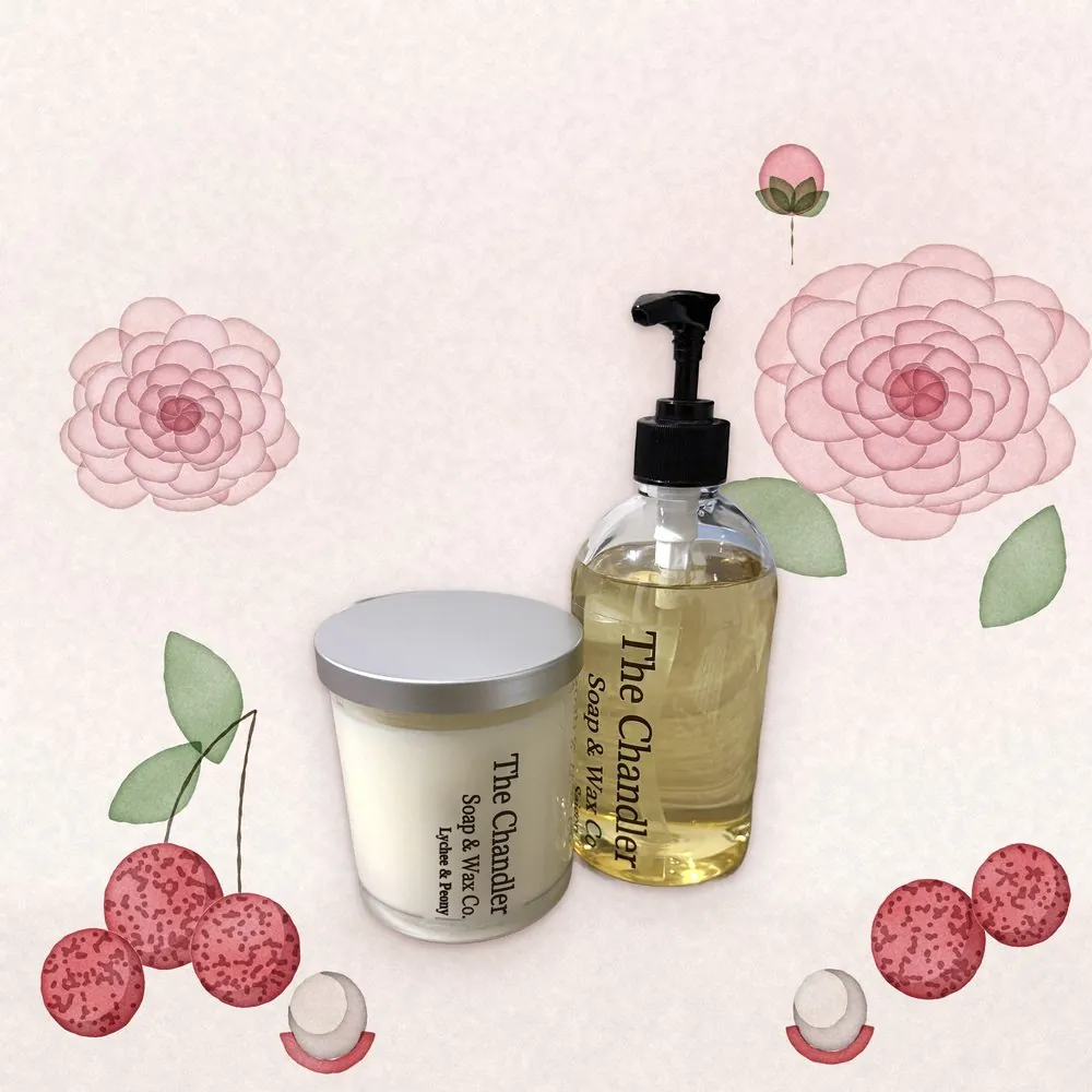 Lychee & Peony candle and hand soap duo with watercolour illustrations of its scent notes