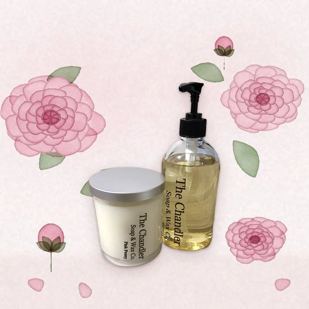 Pink Peony candle and hand soap duo with watercolour illustrations of its scent notes