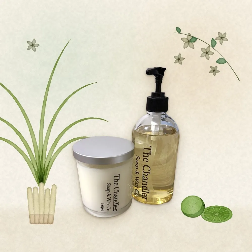 Saigon candle and hand soap duo with watercolour illustrations of its scent notes