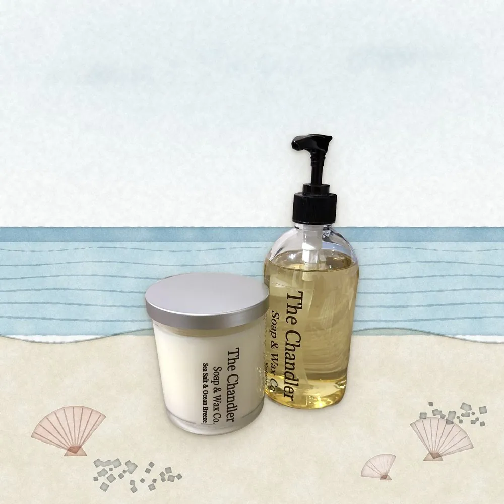 Sea Salt & Ocean Breeze candle and hand soap duo with watercolour illustrations of its scent notes