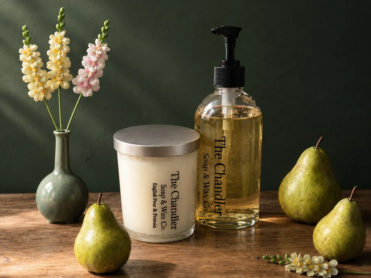 An English Pear & Freesia candle and hand soap on a wooden table with pears and a vase of freesia