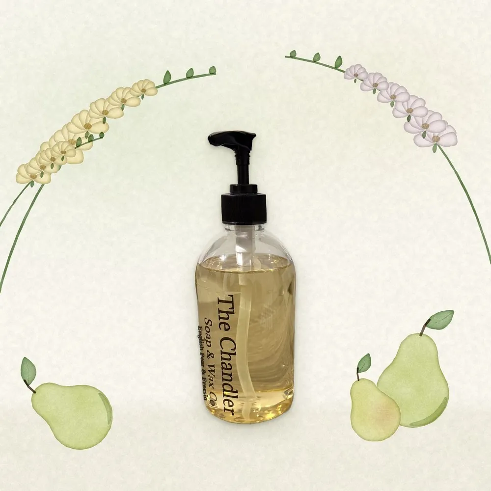 English Pear & Freesia castile hand soap with watercolour illustrations of its scent notes