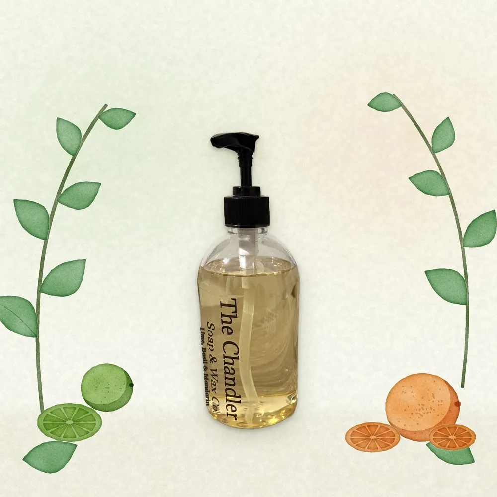 Lime, Basil & Mandarin castile hand soap with watercolour illustrations of its scent notes