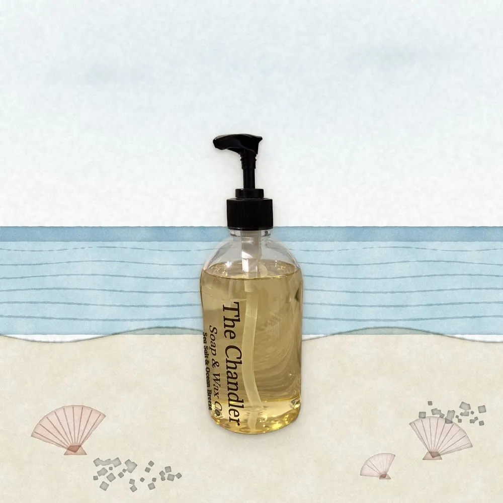 Sea Salt & Ocean Breeze castile hand soap with watercolour illustrations of its scent notes